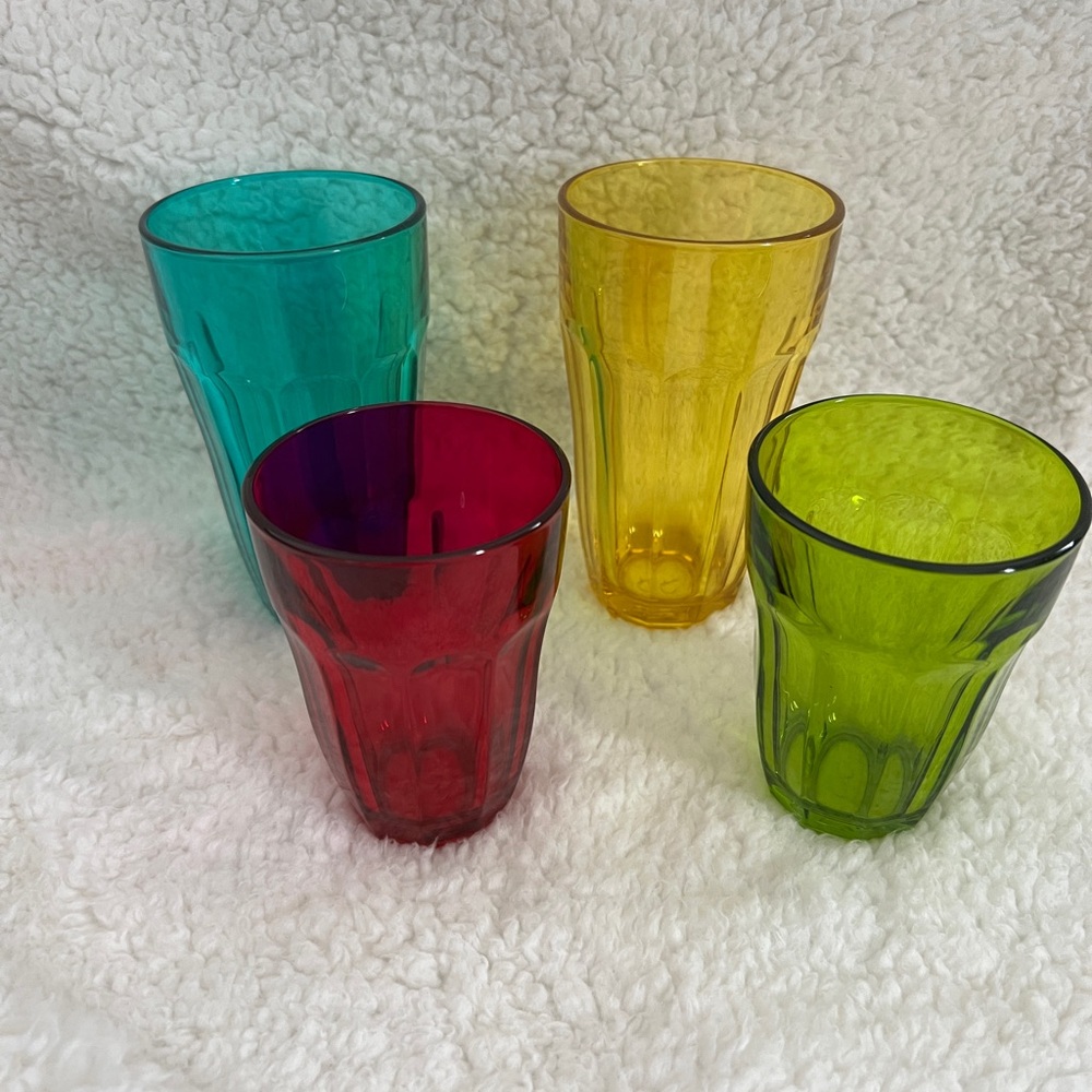 Pasabahce 4 Vtg Jewel Tone tumbler/Juice Glasses green, Blue/Red/pink/yellow